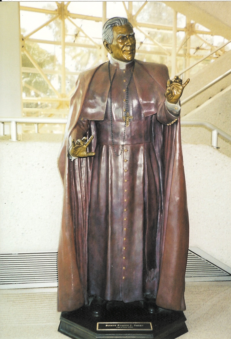 Life sized statue of Bishop Sheen graces the grounds of Crystal Cathedral at Garden Grove California