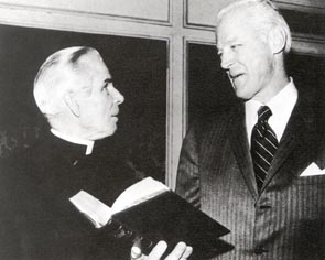 Meeting with Bud Wilkenson, Coach of the Oklahoma Football team, at the Interreligious National Bible Week Luncheon in New York City